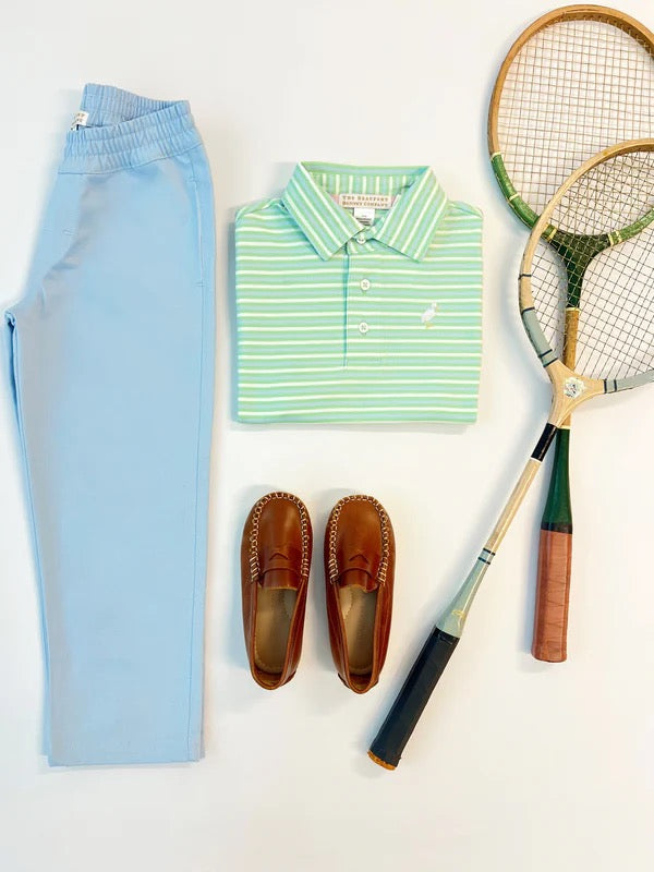 Summer County Stripe (Grace Bay Green) with Multicolor Stork Prim & Proper Polo & Onesie