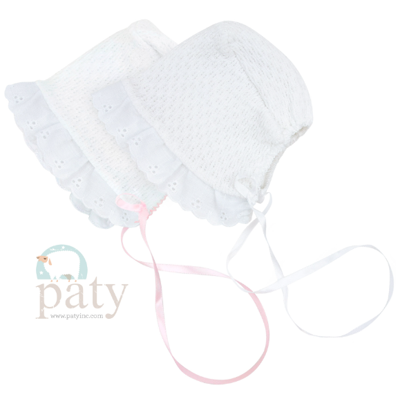 Paty White Knit Pink Trim Eyelet Bonnet