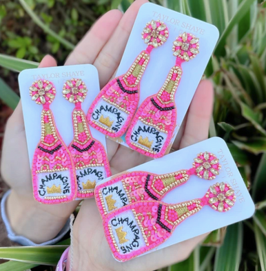 Pink Champagne Bottle Beaded Earrings