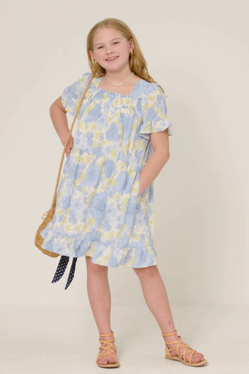 Girls Textured Floral Smocked Square Neck Midi Dress