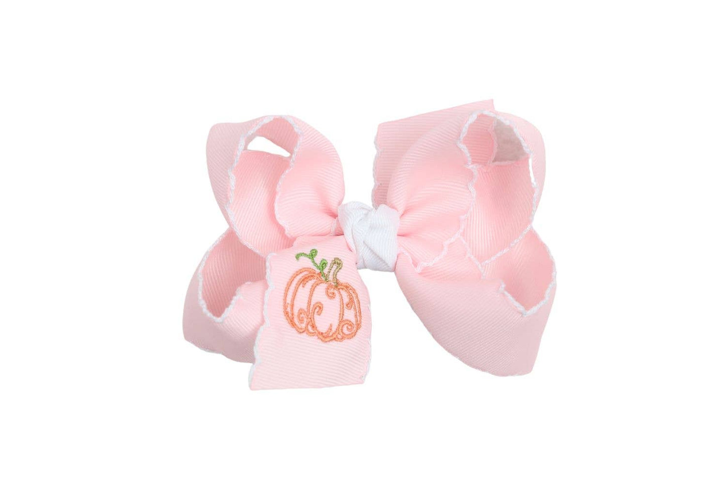 2.25" Embroidered Pumpkin Crochet Edge Hair Bow: Light Pink w/ White Edge