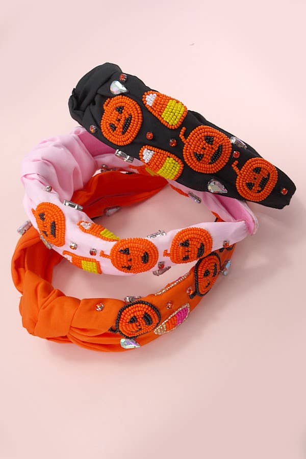Pink Jack-O-Lantern Beaded Headband