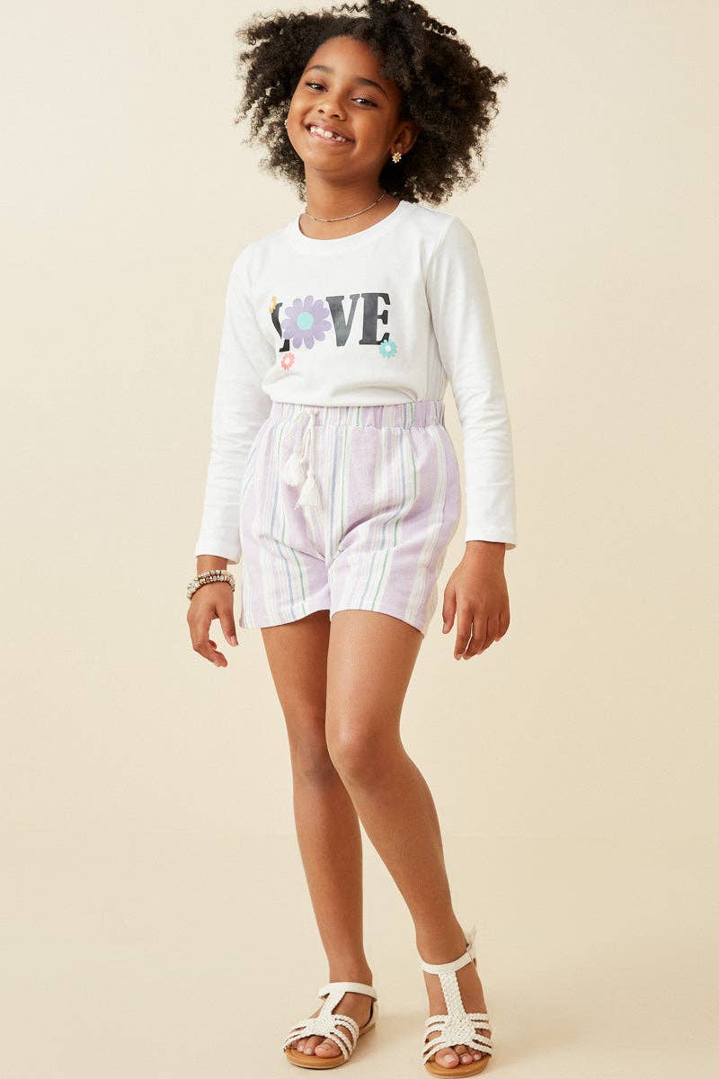 Girls Tassel Tie Textured Striped Shorts