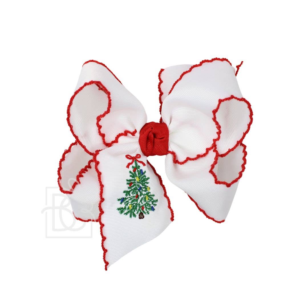 4.5" Embroidered Christmas Tree Crochet Edge Hair Bow: White w/ Red Edge