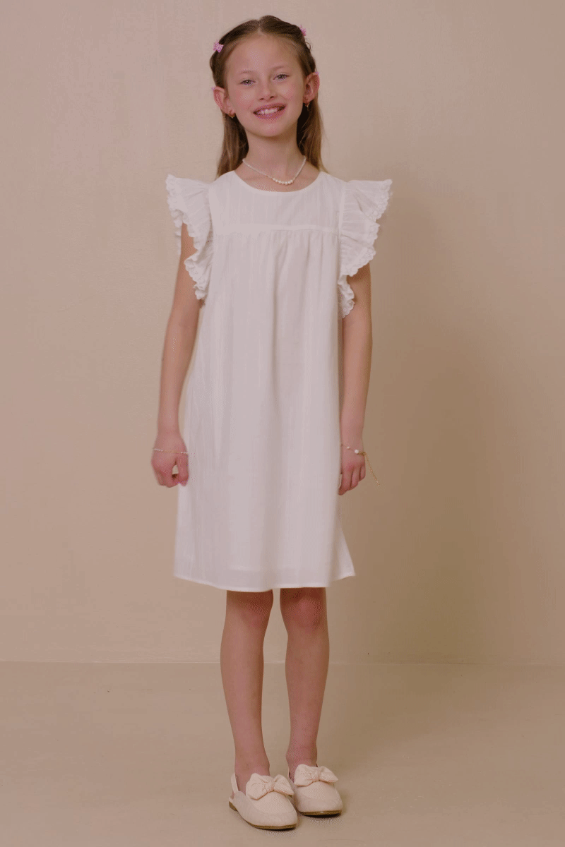 Girls Off-White Lace Trim Ruffle Sleeve Dress