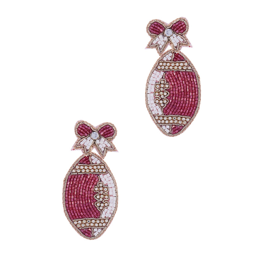 Maroon & White Bow & Football Beaded Earrings