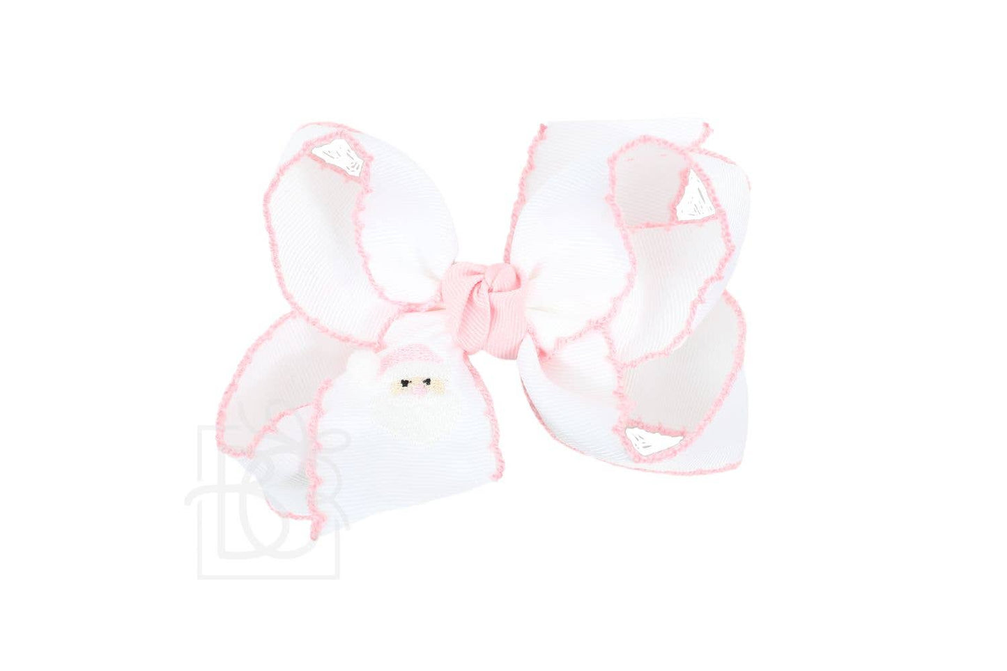 4.5" Embroidered Santa Crochet Edge Hair Bow: White w/ Light Pink Edge