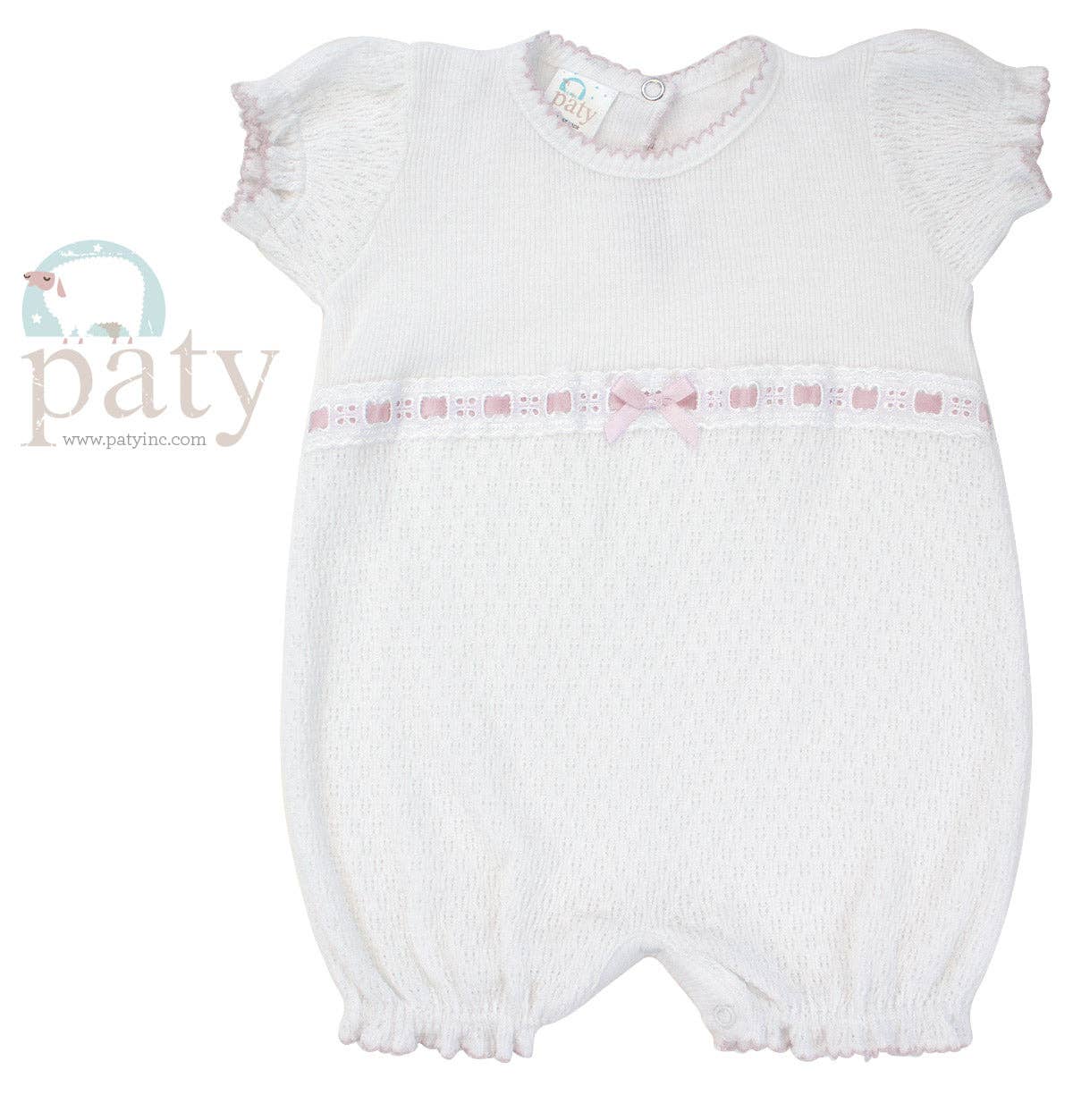 Paty White Knit Bubble With Pink Eyelet Ribbon