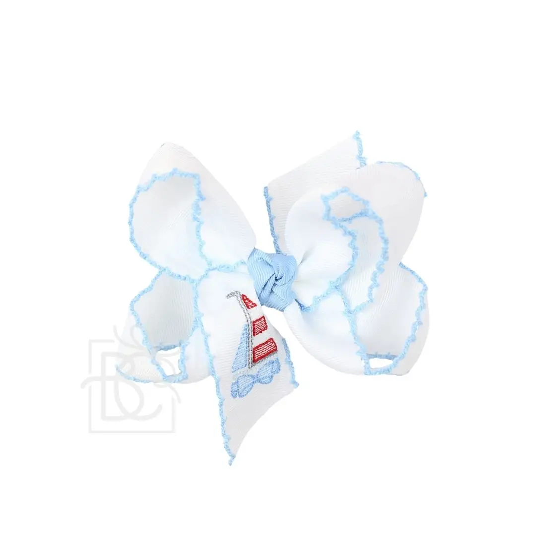 5.5" Embroidered Sailboat Crochet Edge Hair Bow