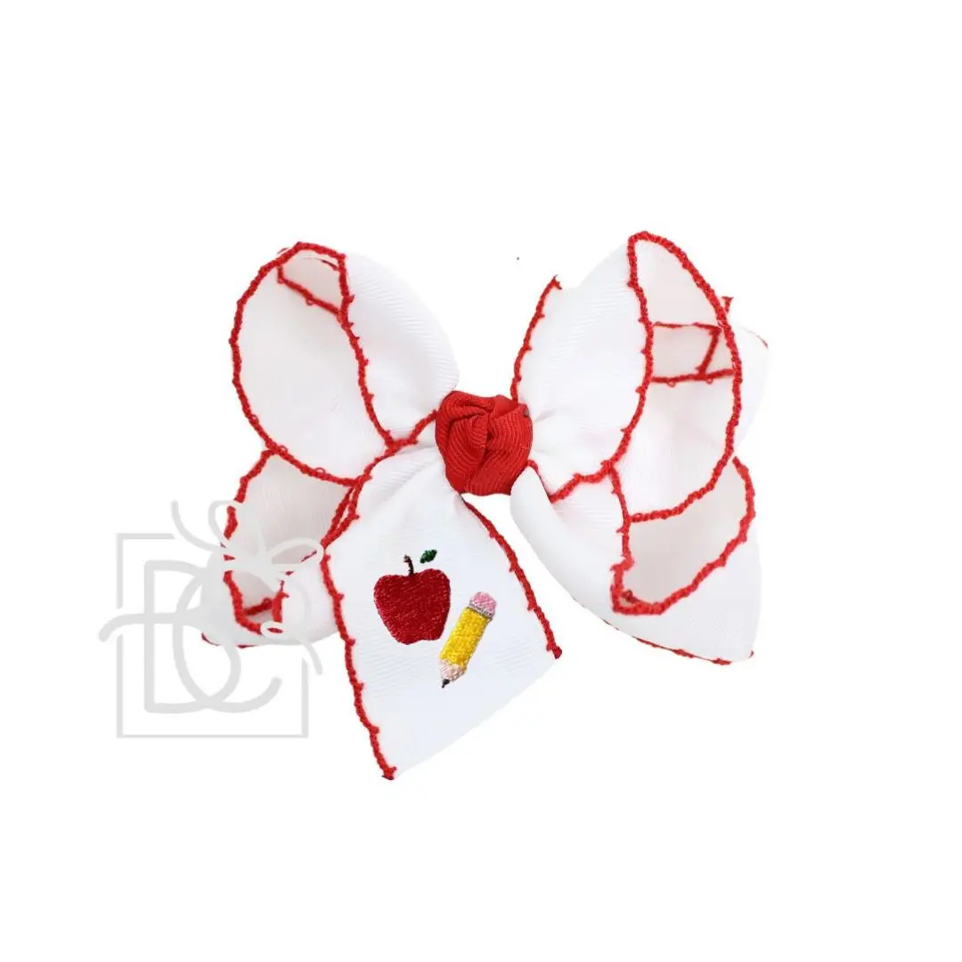4.5" Embroidered Apple-Pencil Crochet Edge Hair Bow