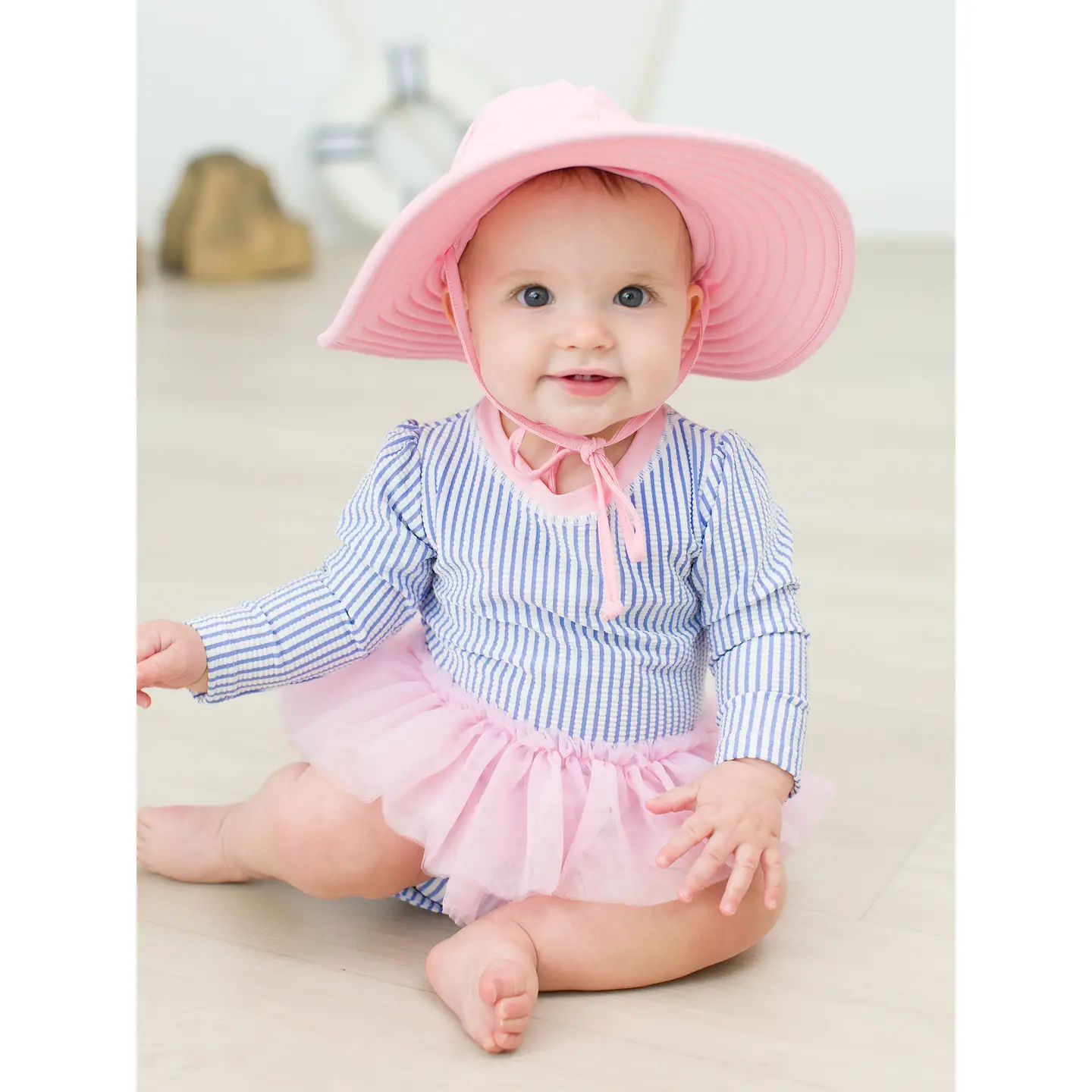 Baby Girls Periwinkle Blue Seersucker Tulle Skirted One Piece Rash Guard
