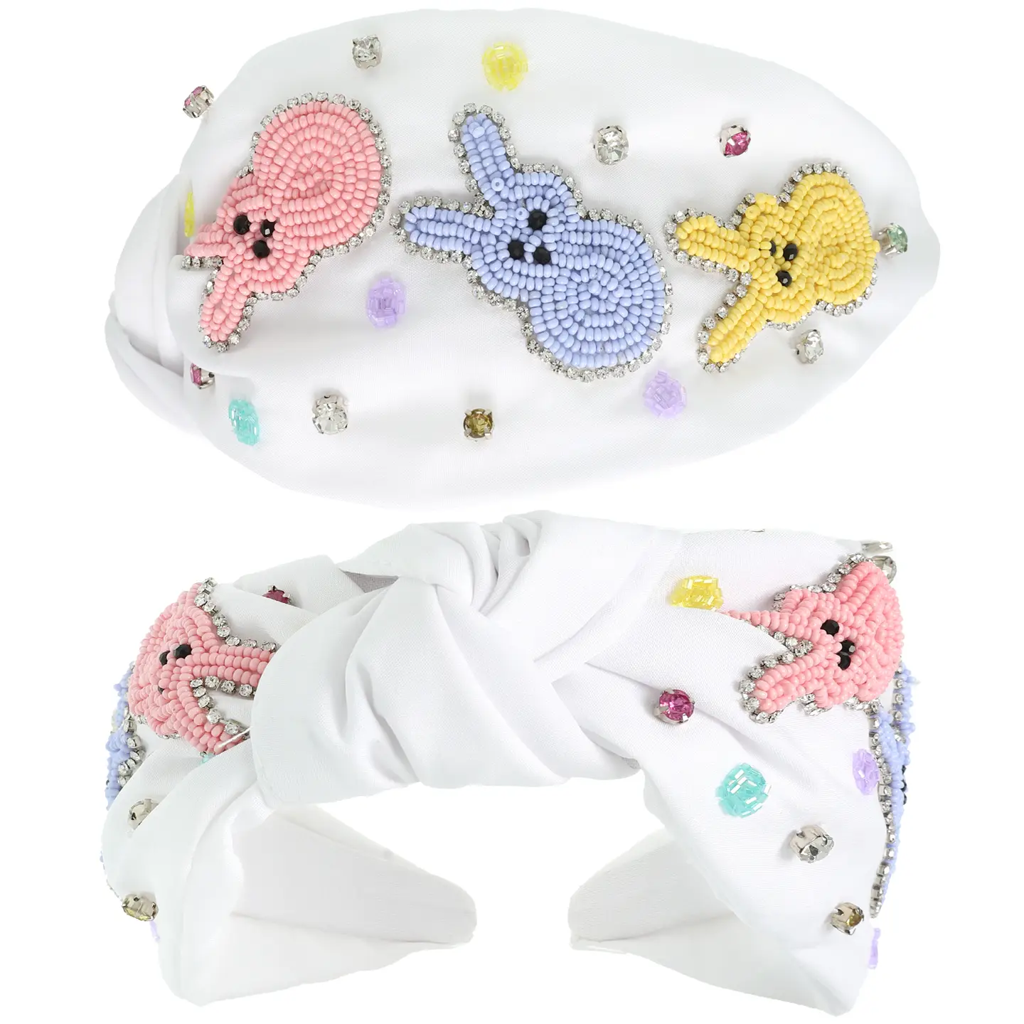 White Easter Polka Dot Beaded Top Knotted Headband