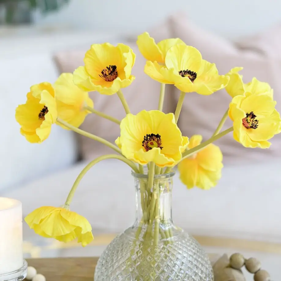 11" Real Touch Bright Yellow Poppy - 6 Stems Per Bundle