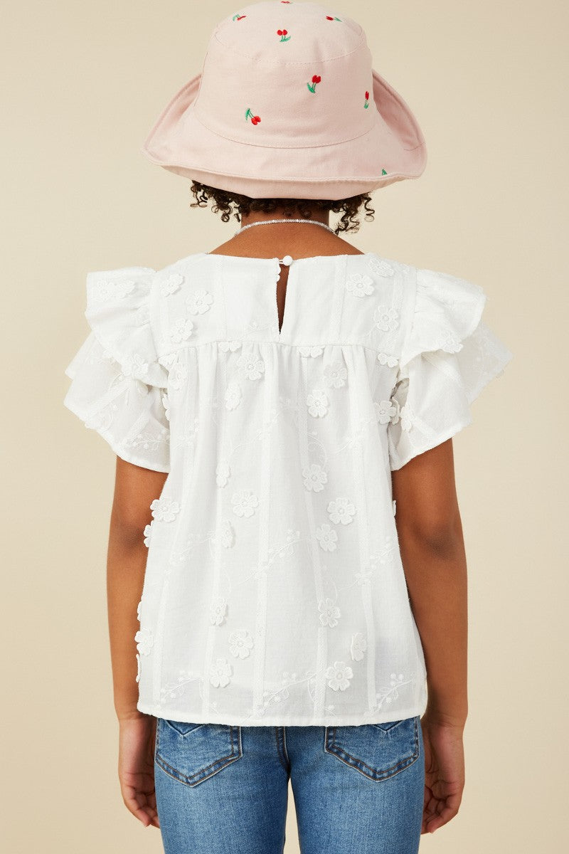 Girls Off White Crochet Floral Detailed Ruffle Sleeve Top