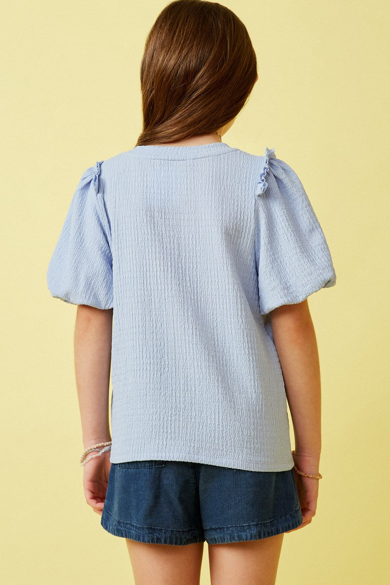 Girls Blue Crinkled Puff Sleeve Knit Top
