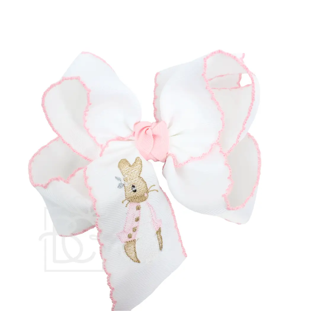 5.5" Embroidered Easter Bunny Crochet Edge Hair Bow: White w/ Light Pink Edge