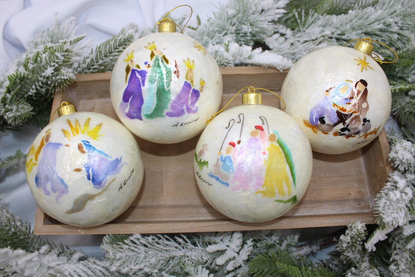 4" Watercolor Nativity Handpainted Capiz Ball Ornament