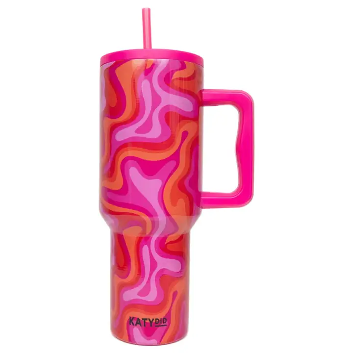 Hot Pink Retro Swirl Tumbler with Handle