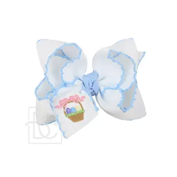 4.5" Embroidered Easter Basket Crochet Edge Hair Bow: White w/ Light Blue Edge