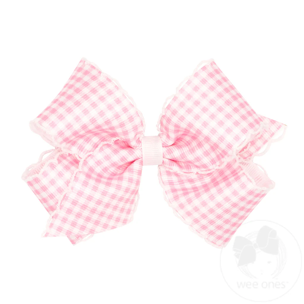 Pink Gingham Printed Grosgrain Hair Bow with Moonstitch Edge