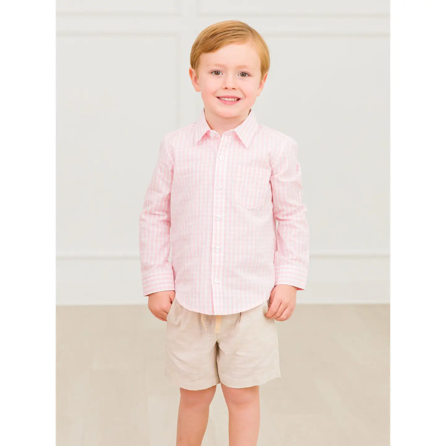 Boys Pink Gingham Check Long Sleeve Button Down
