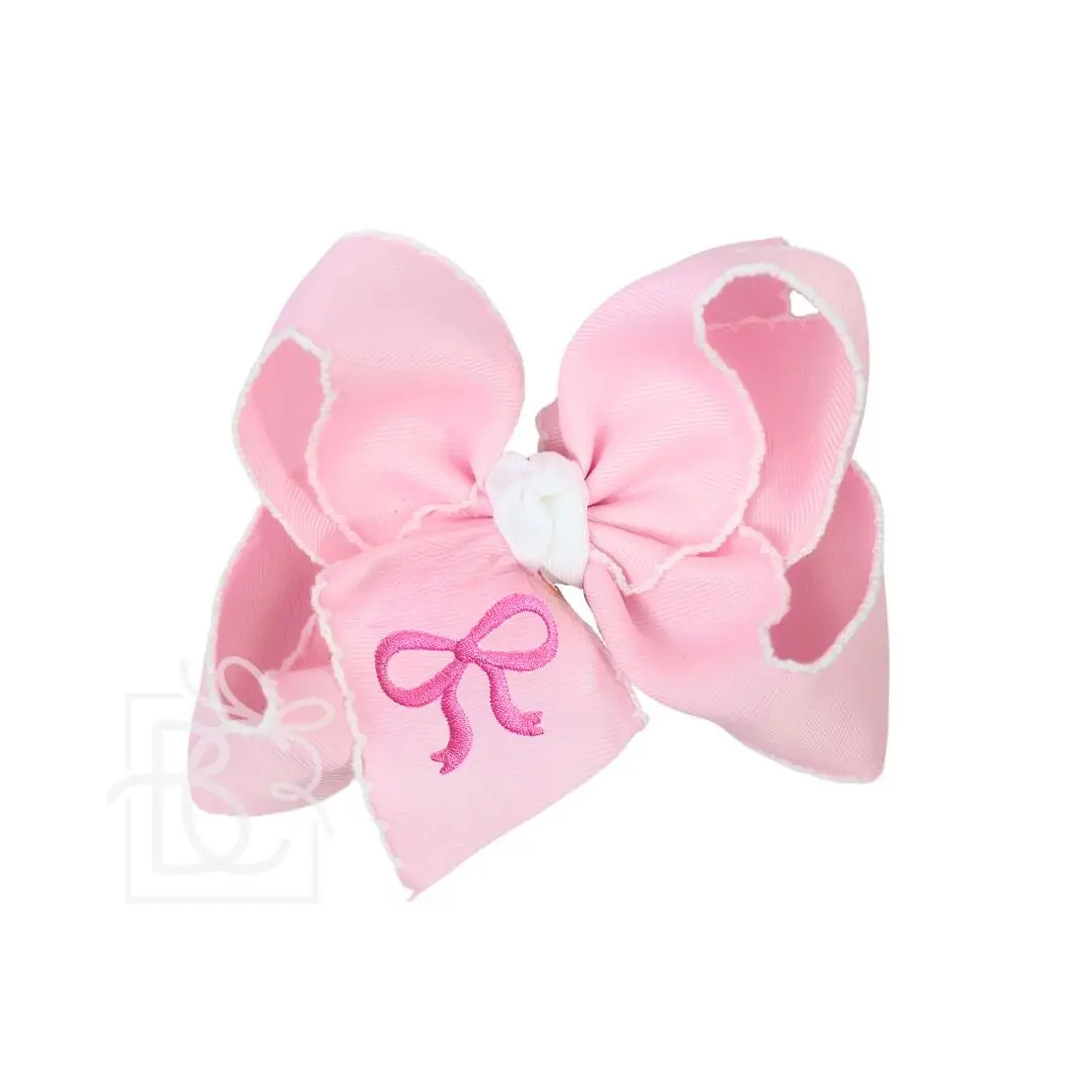 5.5" Embroidered Hot Pink Bow Crochet Edge Hair Bow: Light Pink w/ White Edge