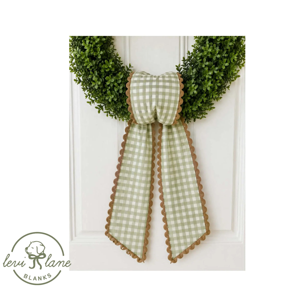 Light Green & White Gingham with Light Brown Ric Rac Wreath Sash