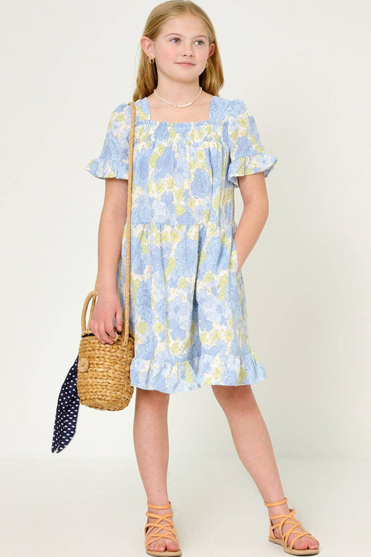 Girls Textured Floral Smocked Square Neck Midi Dress