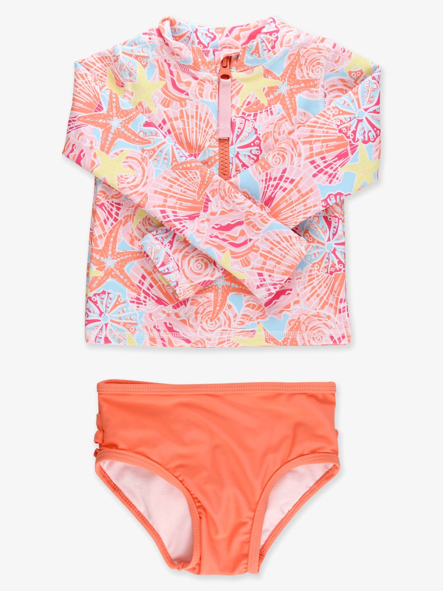 Girls Sunset Seashells Long Sleeve Zipper Rash Guard 2-Piece Swimsuit