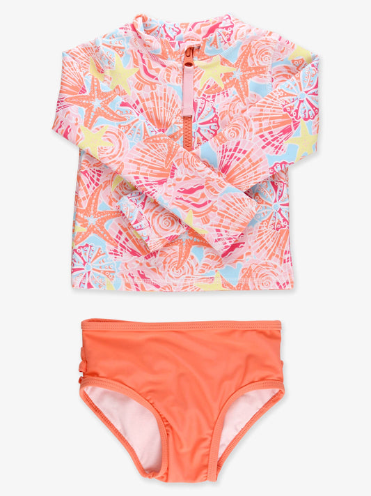 Girls Sunset Seashells Long Sleeve Zipper Rash Guard 2-Piece Swimsuit