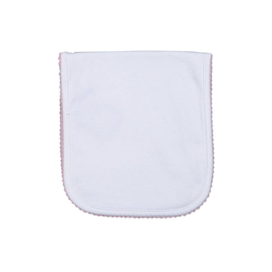 White Burping Pad Pink Picot Trim