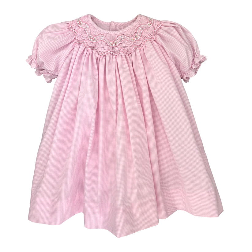 Pink Zig Zag Smocked Bishop Dress