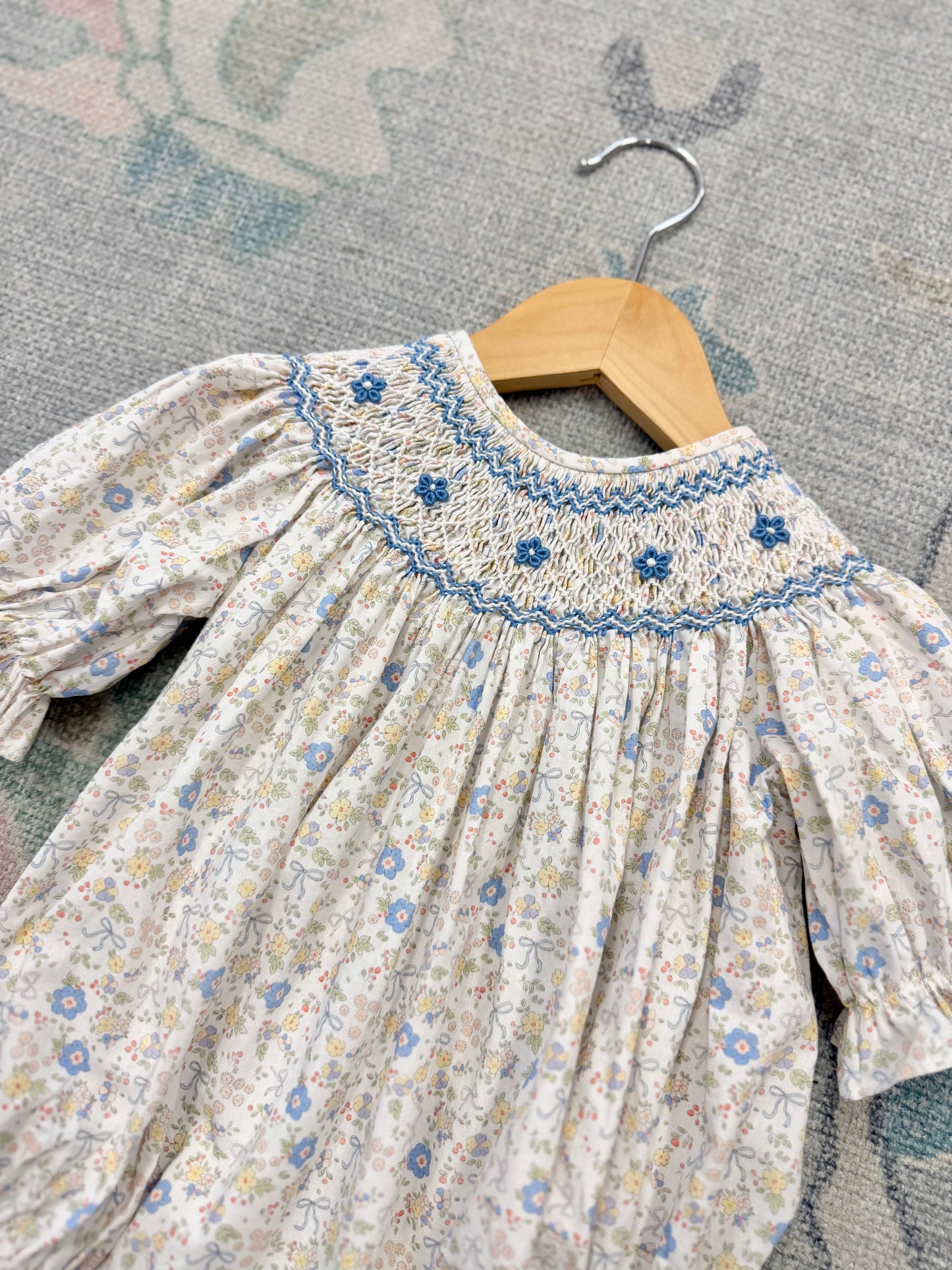 Ashley Blue/Yellow Bow Floral Print Smocked Bubble