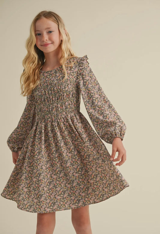 Olive Floral Smocked Top Dress