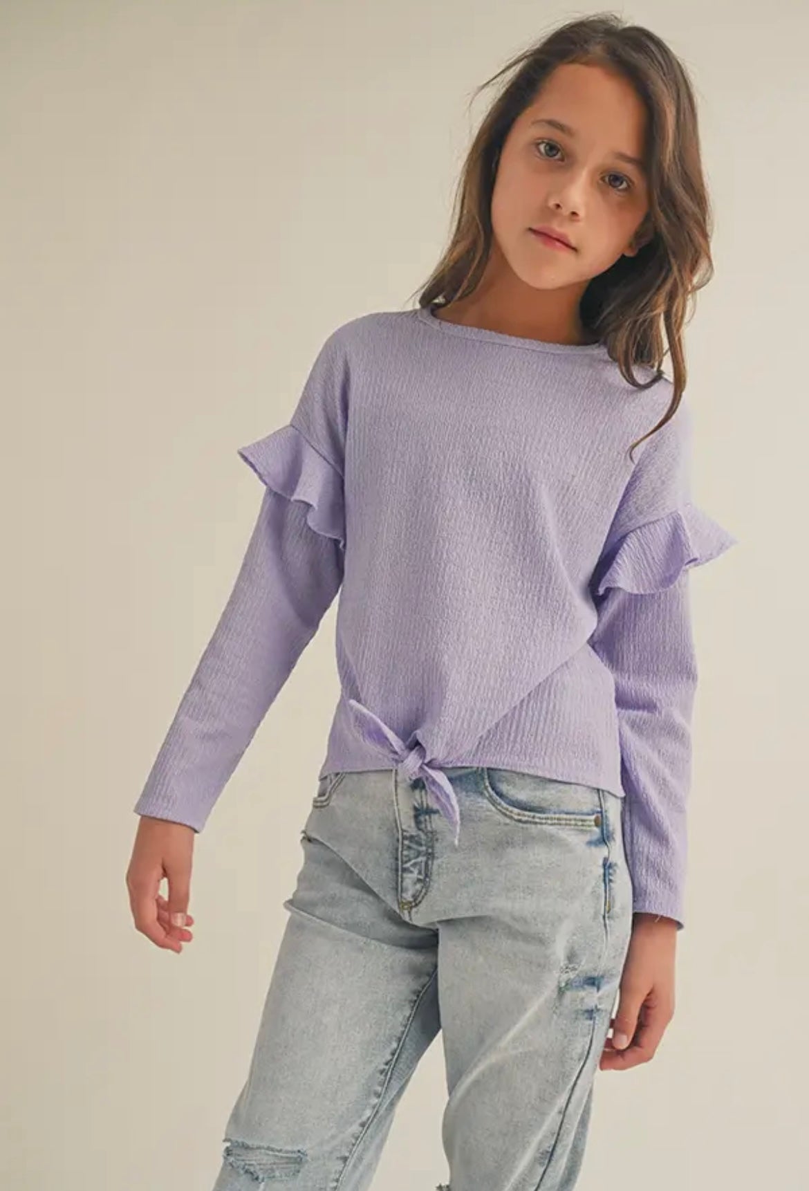 Lavender Long Sleeve Ruffle Tie Front Top