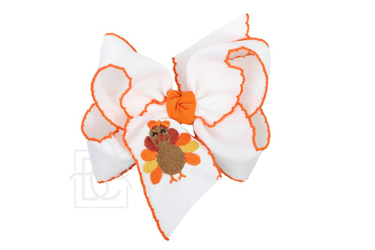 5.5"  Embroidered Turkey Hair Bow with Crochet Edge