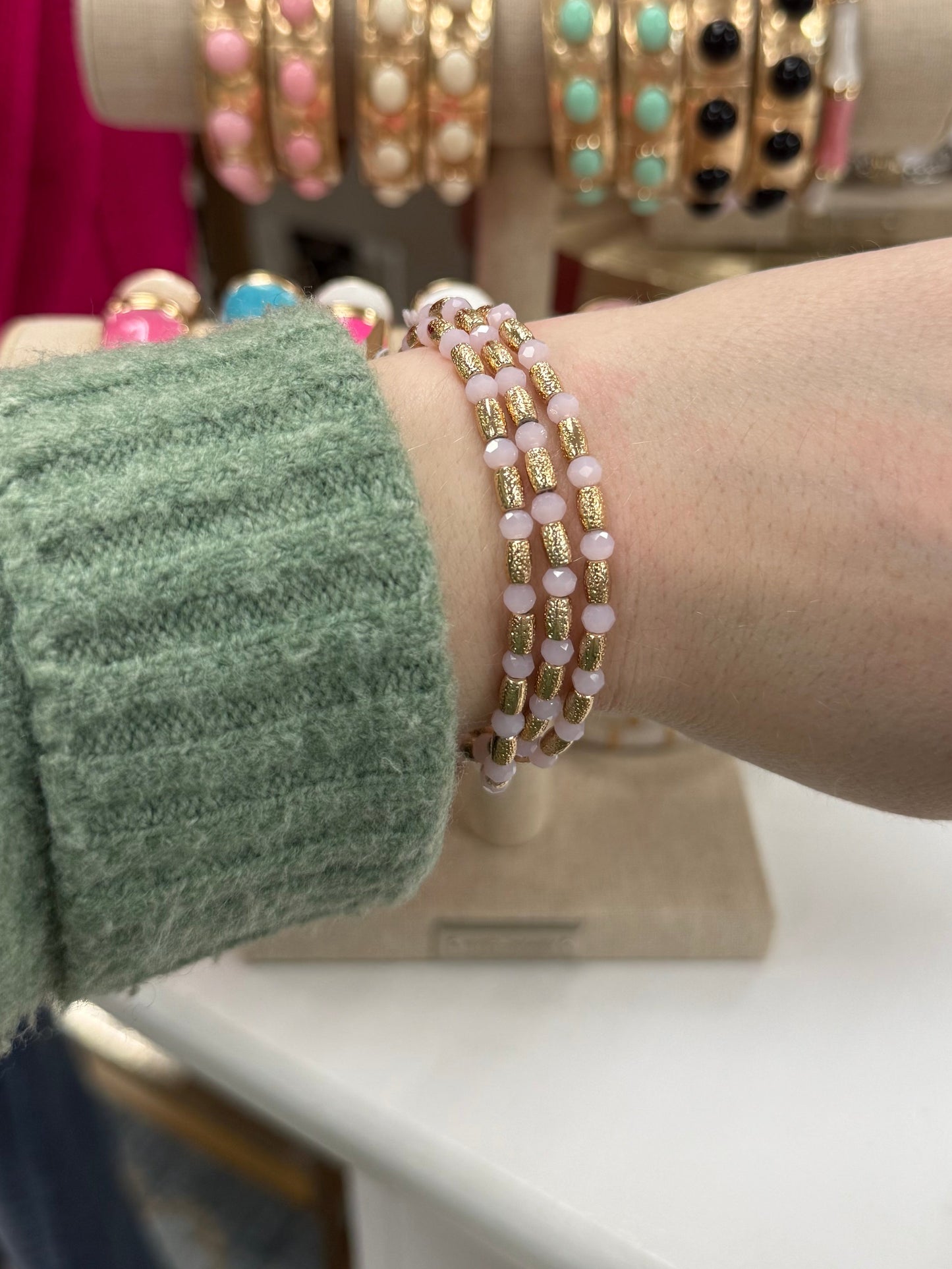 Megan Beaded Stretch Bracelets - Light Pink/Gold