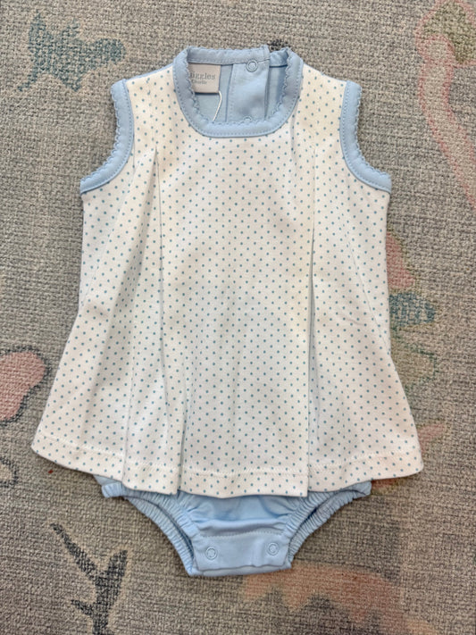 Blue Bitty Dot Dressy Romper with Apron Top