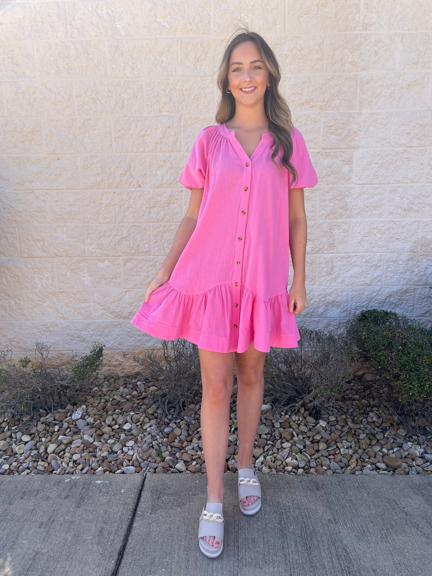 Spin It My Way Pink Button Down Dress