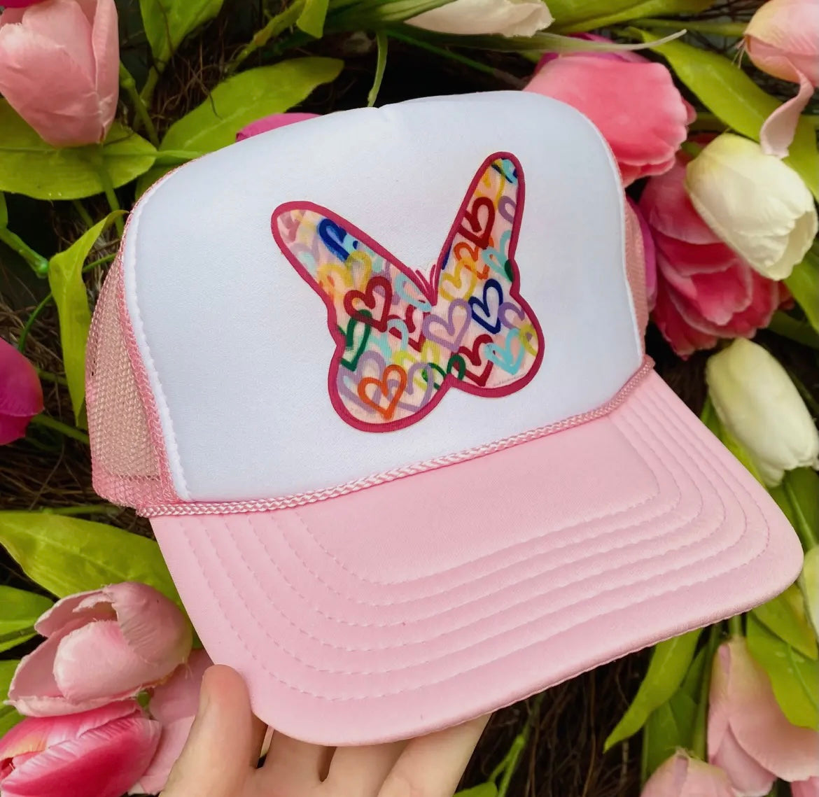 Light Pink & White Butterfly Trucker Hat