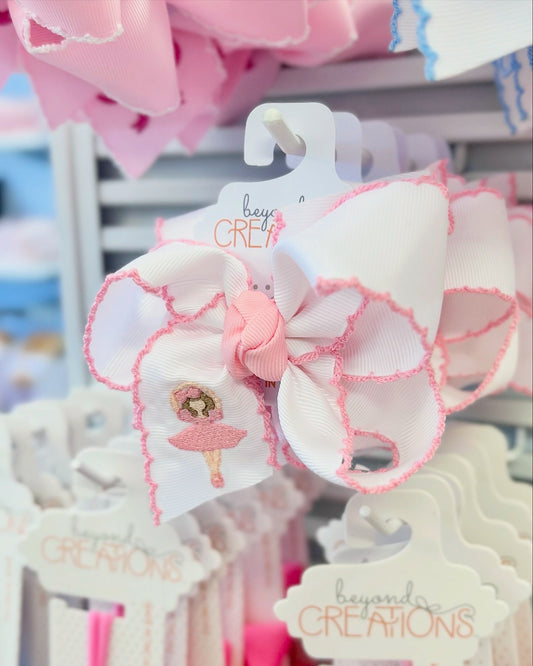 4.5" Embroidered Light Pink Ballerina Crochet Edge Hair Bow