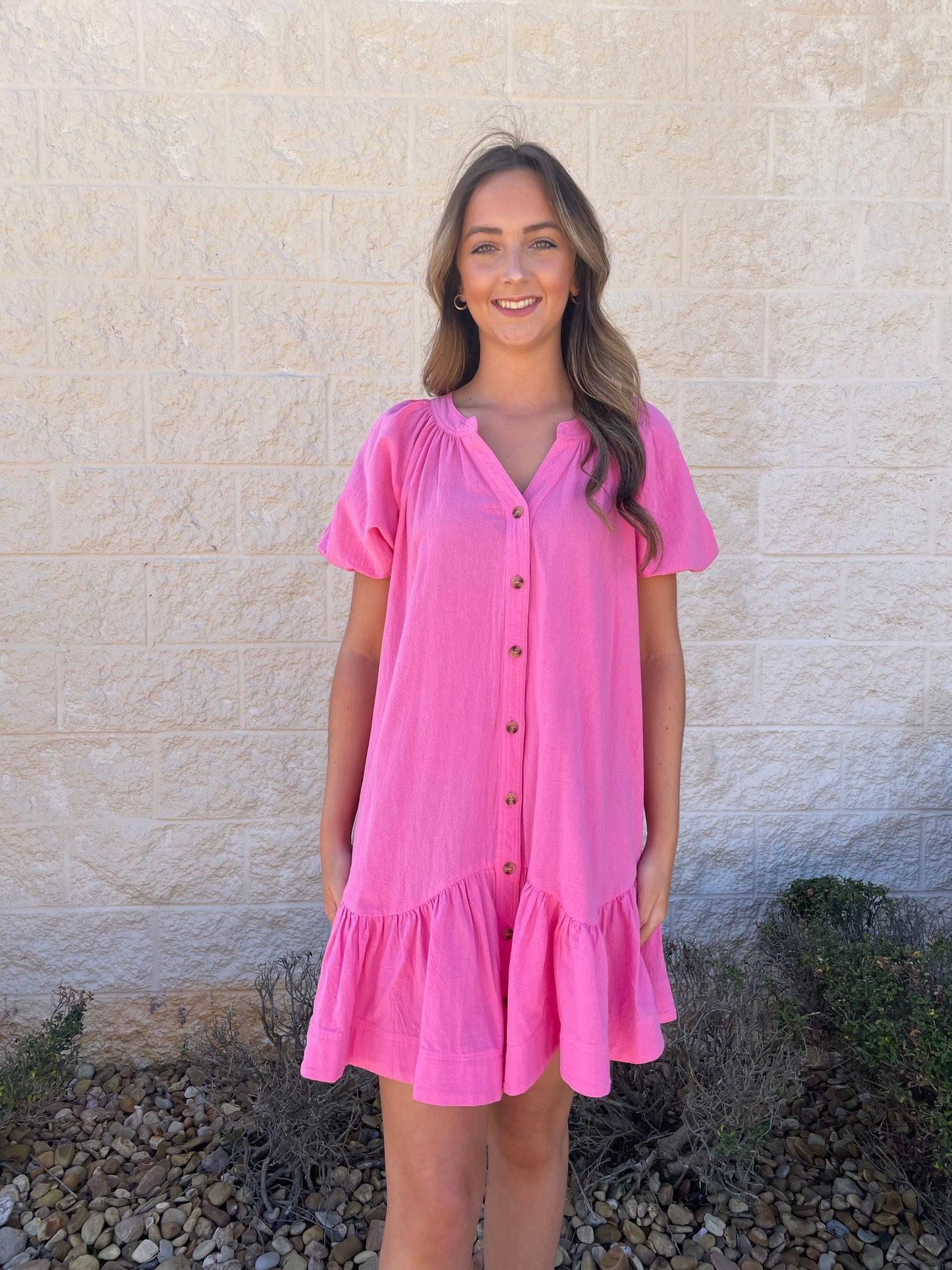 Spin It My Way Pink Button Down Dress