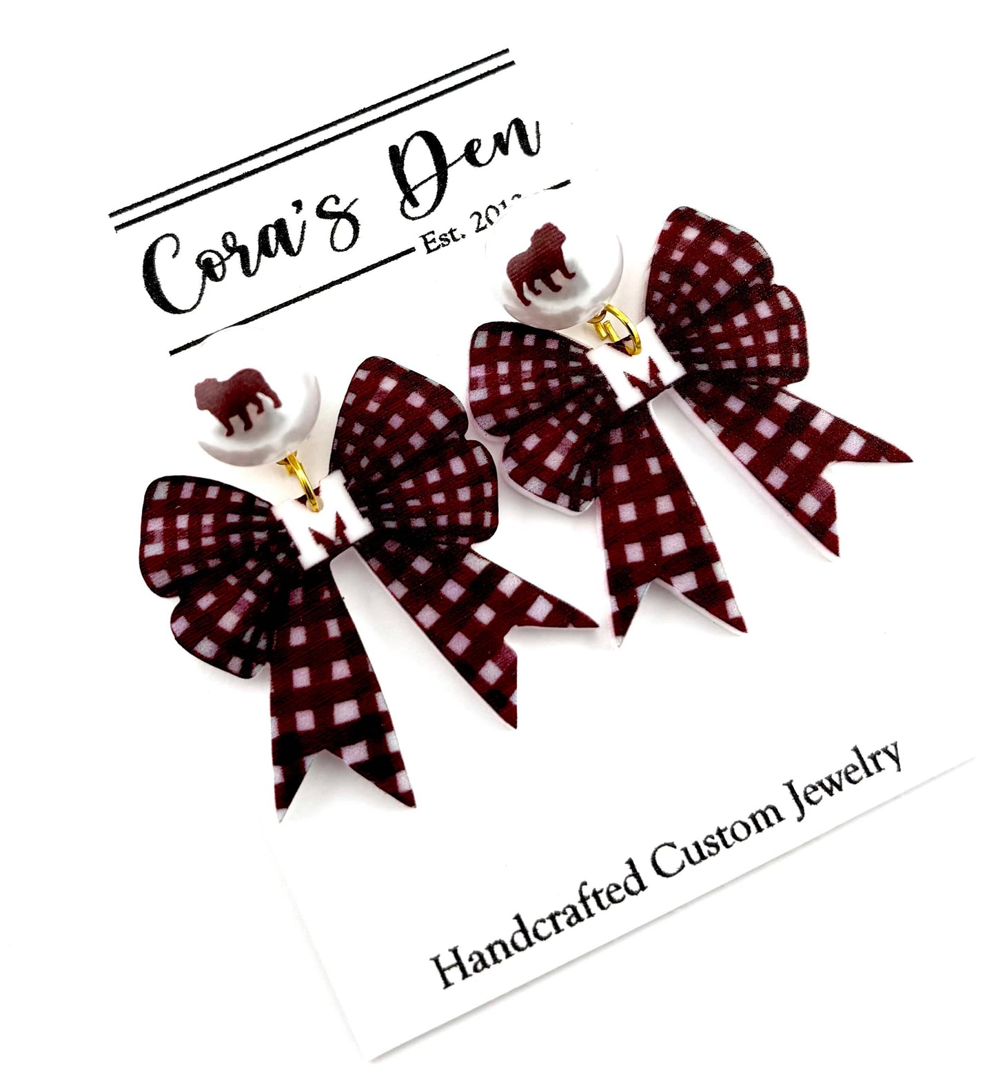 Maroon Gingham "M" Bow Earrings