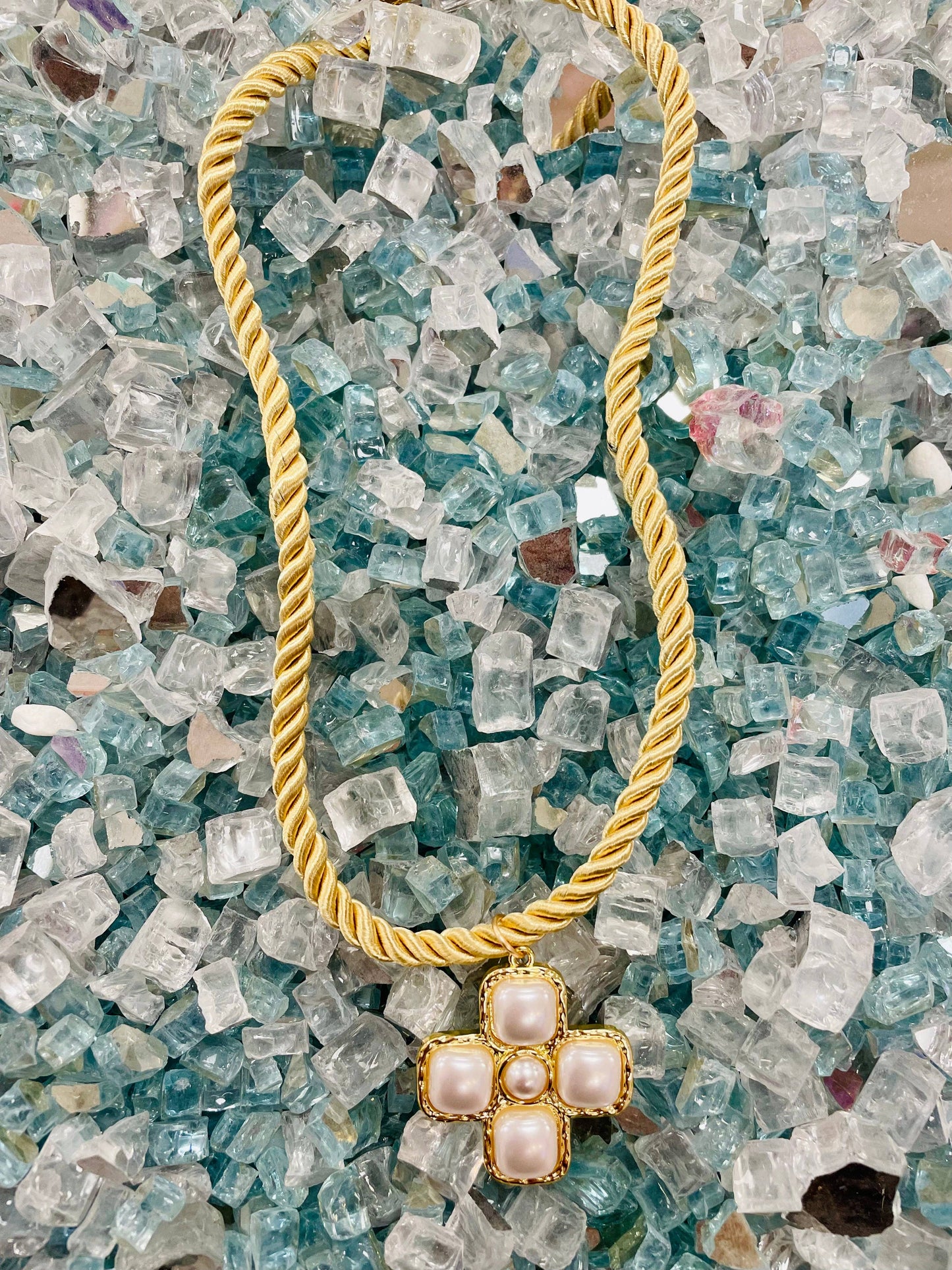 Pearl Cross Light Gold Rope Necklace