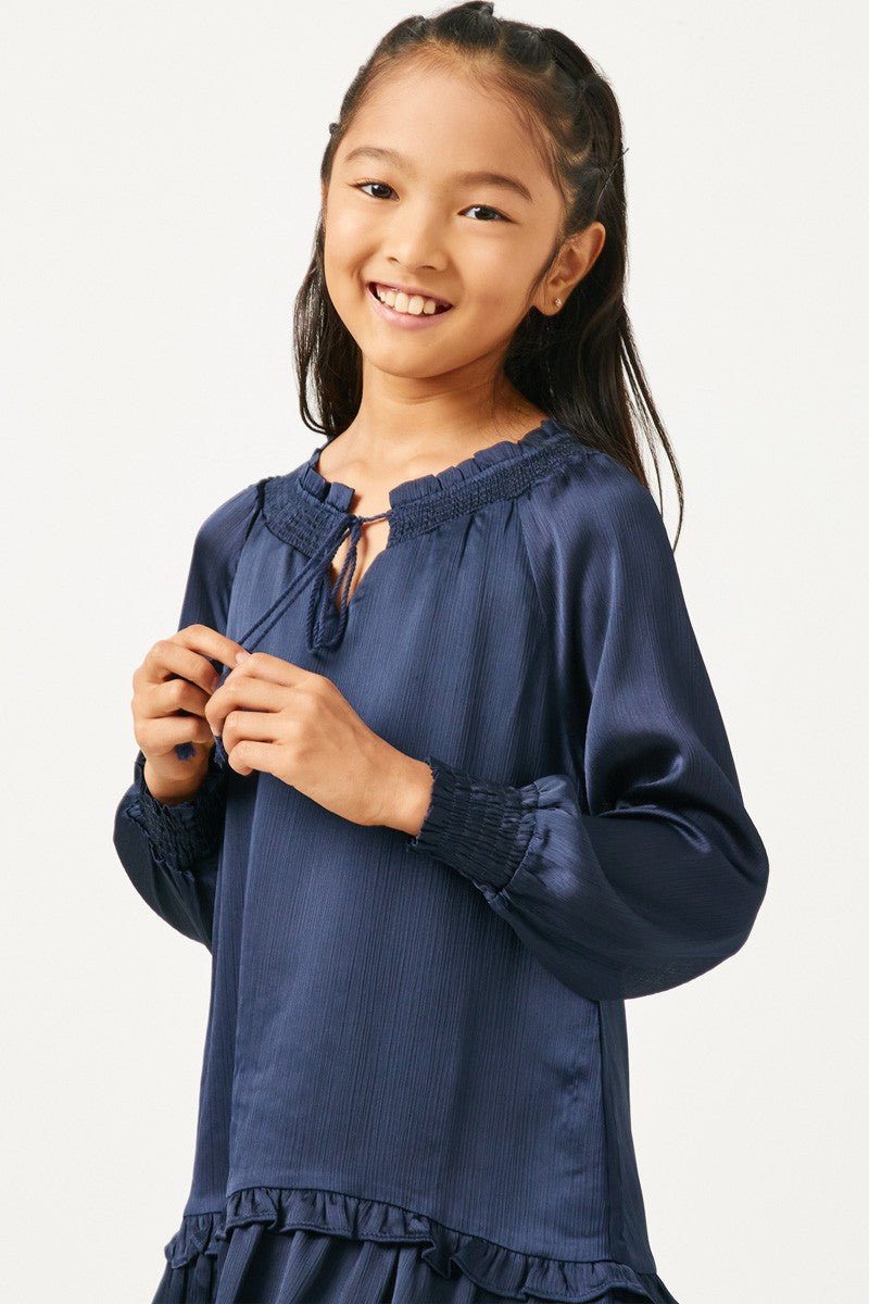 Navy Satin Smocked Tie Neck Dress