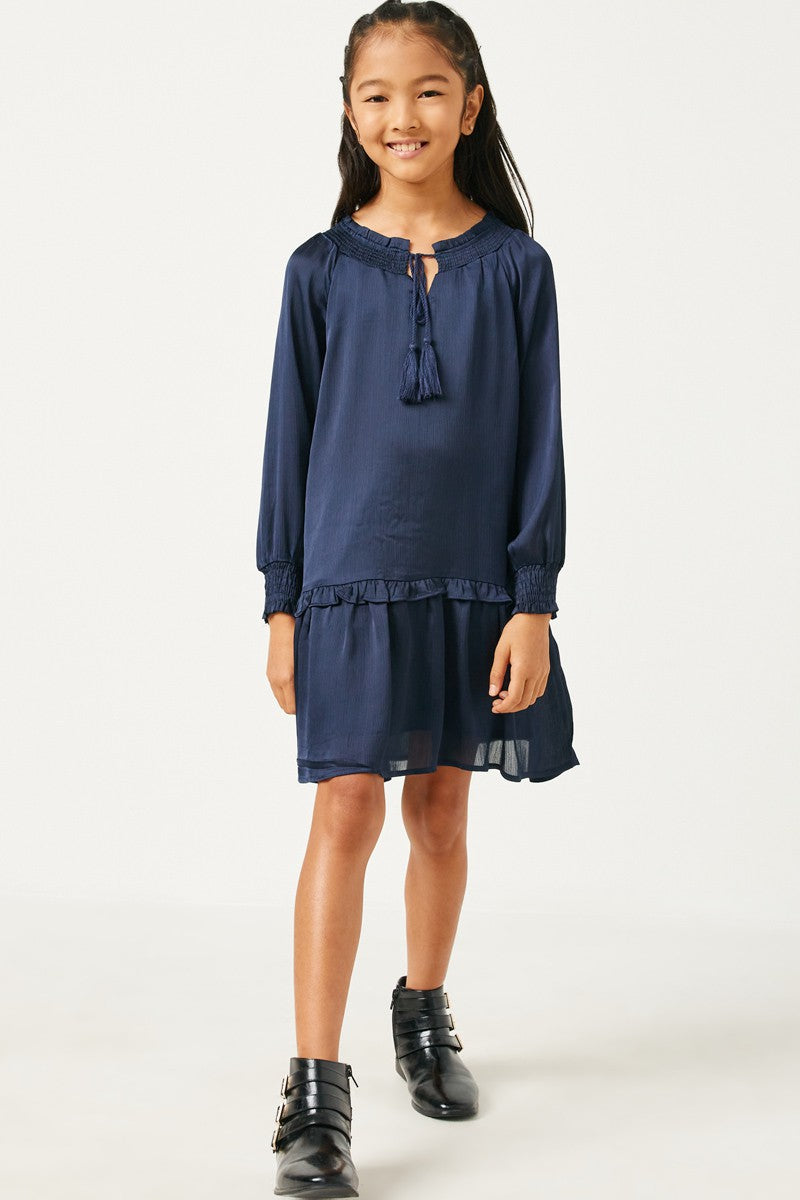 Navy Satin Smocked Tie Neck Dress