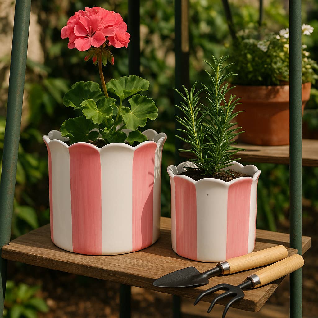 Pink Striped Scalloped Ceramic Planter
