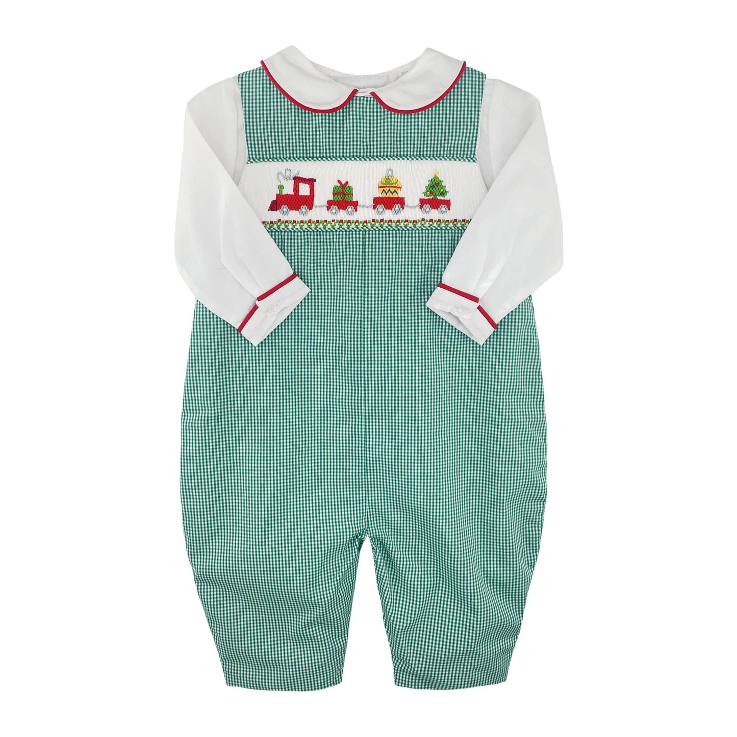 Christmas Train Smocked Green Gingham Longall
