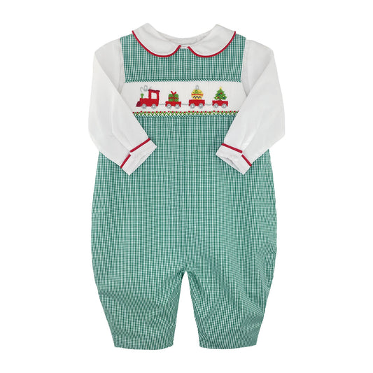 Christmas Train Smocked Green Gingham Longall
