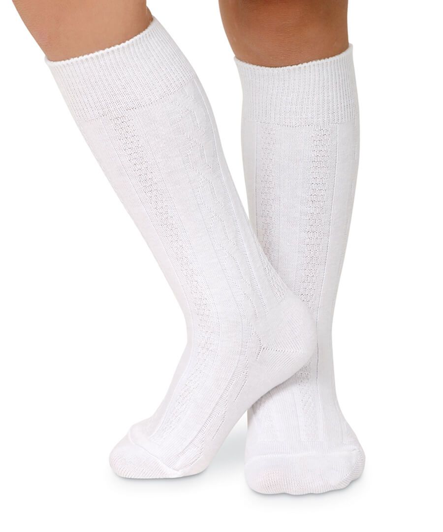 White Classic Cable Knee High Socks